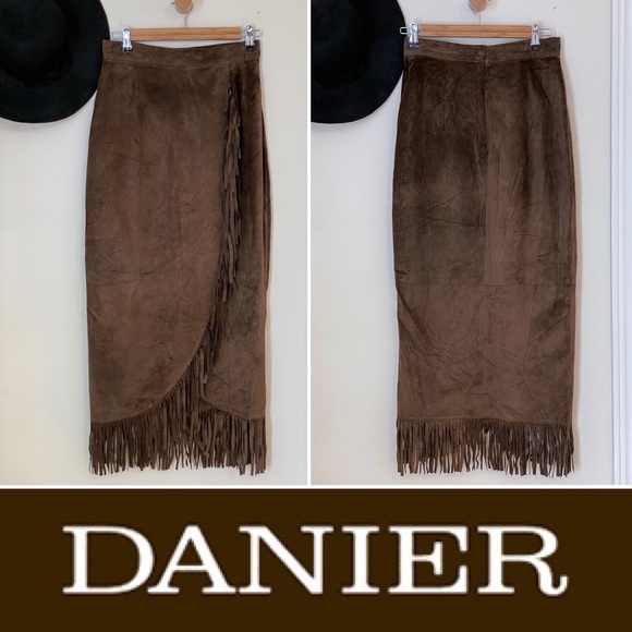Danier Dresses & Skirts - Danier Brown Suede Fringe Faux-Wrap Maxi Skirt